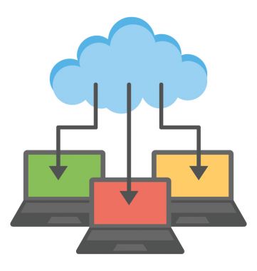 Cloud connected with multiple laptops, concept of cloud computing flat icon clipart