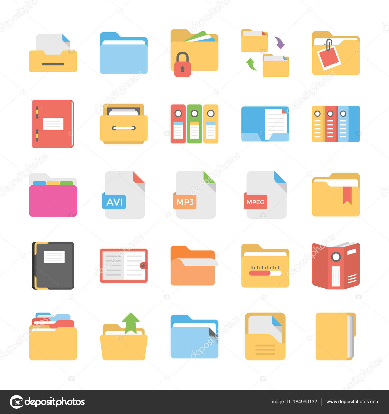 Flat Icons Set Files Folders Stock Vector by ©creativestall 184990132, image size:1600x1700
