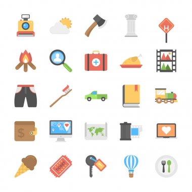 Paket açık seyahat ve düz simgeler kamp