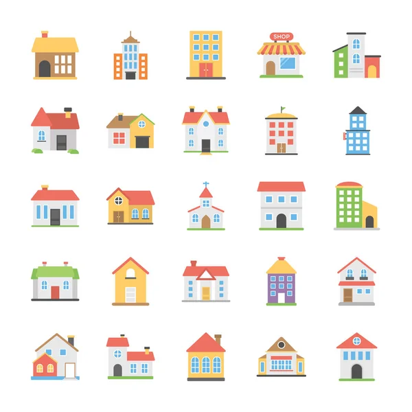 Pack Edificios Iconos Vector Planos — Vector de stock