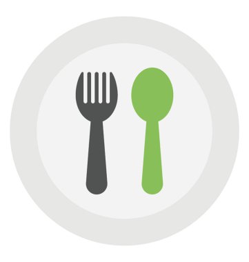 Çatal ve kaşık, masalar logosu ile bir yemek tabağı 