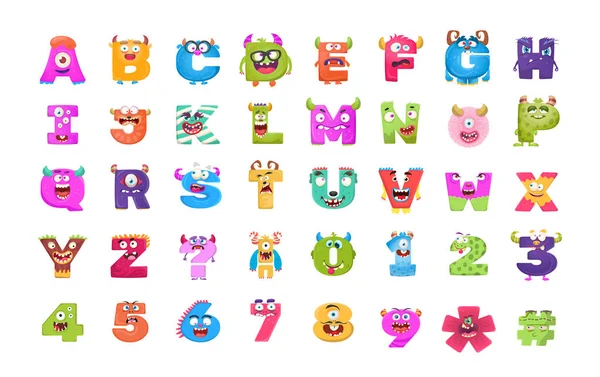 Alphabete Und Zahlen Monster Flache Symbole — Stockvektor