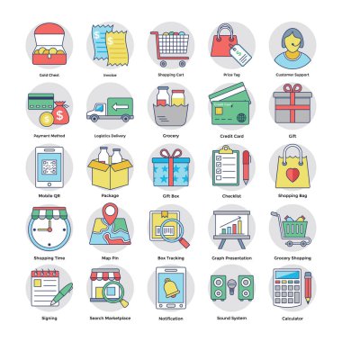 Alışveriş ve ticaret renkli vektör simgeleri 