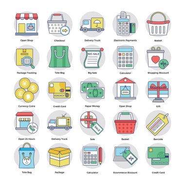 Alışveriş ve ticaret dairesel Icons Set