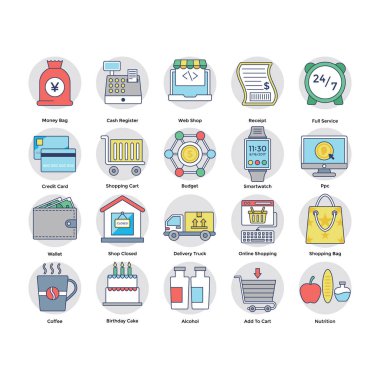Alışveriş ve elektronik ödemeler düz simgeler