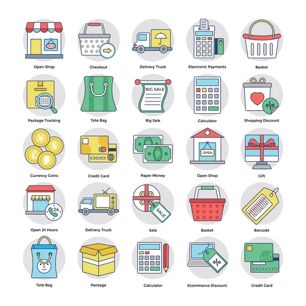 Alışveriş ve ticaret dairesel Icons Set