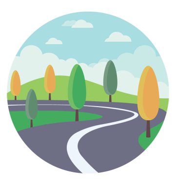 Her iki tarafta ağaçlar, bir yol yatay