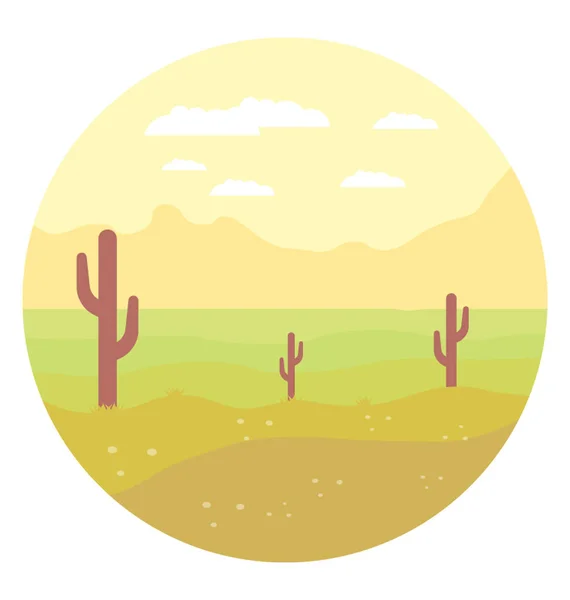 Flache Ikone Der Wüstenlandschaft Mit Kaktus — Stockvektor