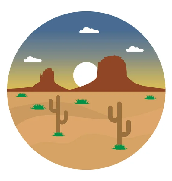 Flache Ikone Der Wüstenlandschaft Mit Kaktus — Stockvektor
