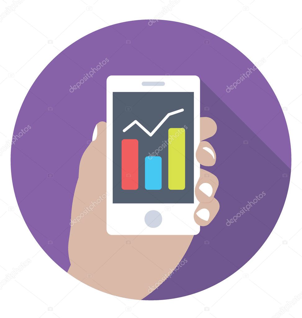 A hand holding mobile phone with column graph data visualization