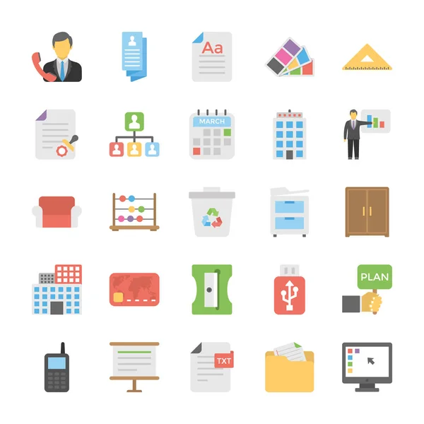 Business Office Flat Vector Icons Set — Stock Vector