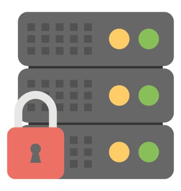 Bir asma kilit işareti ile sunucu güvenlik kavramını temsil eden sunucu raf