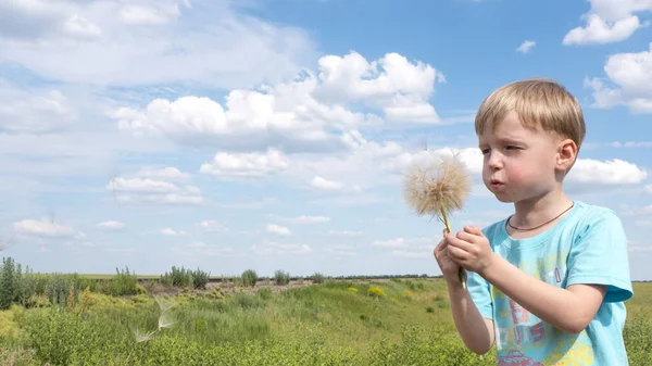 Lite allvarlig pojken blåser på maskros, himlen molnen — Stockfoto