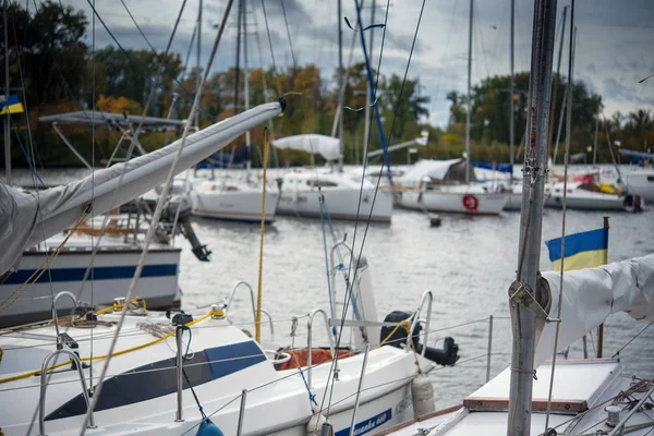 Closed Yacht Folded Sails Moored Dock — Stock Photo, Image