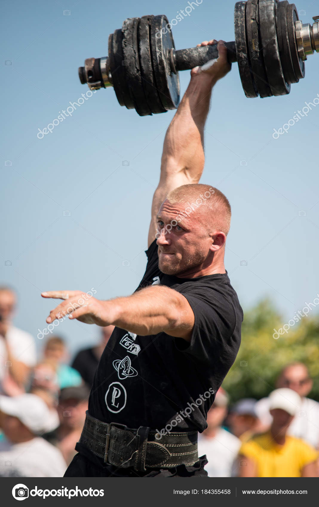 Strongman Raises Heavy Dumbbell One Hand Competitions Ukraine 2017 Stock Editorial Photo absurdov 184355458