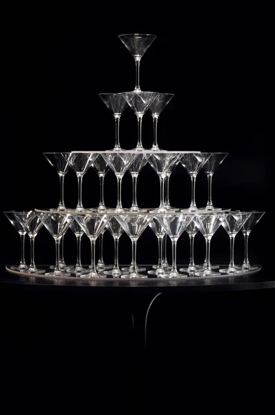 Tower Empty Champagne Glasses Black Background — Stock Photo, Image