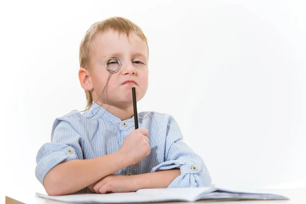 Boos Intelligente Jongen Met Een Monocle Potlood — Stockfoto