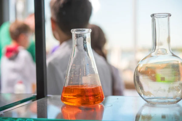 Bombillas Vidrio Estante Gabinete Química Escuela —  Fotos de Stock