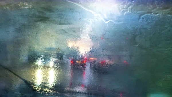 Riding Car Rain Wet Windshield Traffic Lights Road — Stock Photo, Image