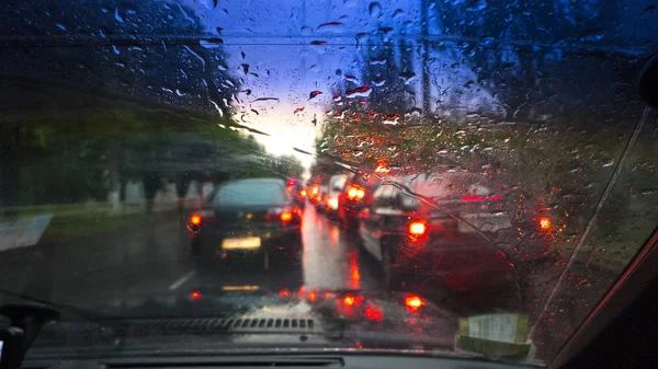 Riding Car Rain Wet Windshield Traffic Lights Road — Stock Photo, Image