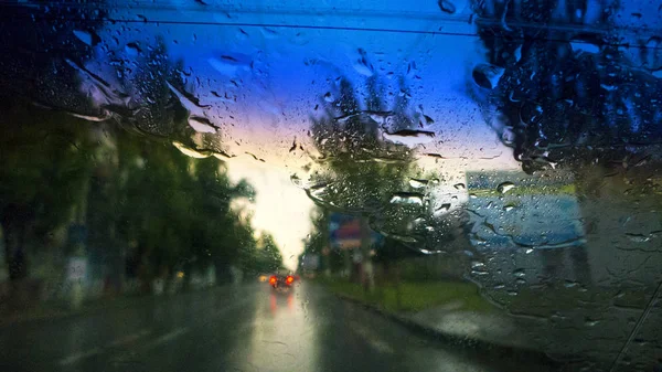 Riding Car Rain Wet Windshield Traffic Lights Road — Stock Photo, Image