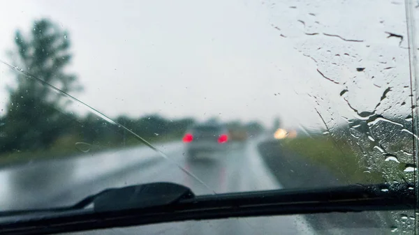 Riding Car Rain Wet Windshield Traffic Lights Road — Stock Photo, Image