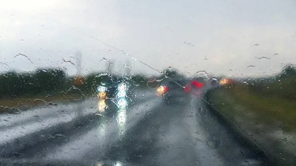 Riding Car Rain Wet Windshield Traffic Lights Road — Stock Photo, Image