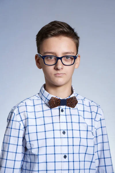 Serious teenager boy in glasses photo for document — 스톡 사진
