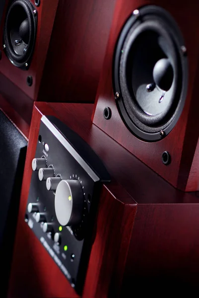 Music system, buttons and speakers close-up — 스톡 사진