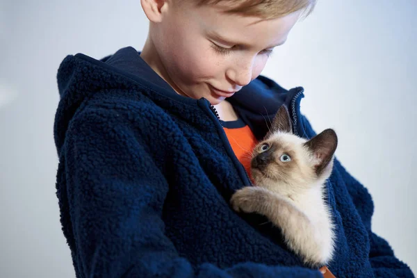 Little Boy Jacket His Bosom Sits Small Kitte — Stock Photo, Image
