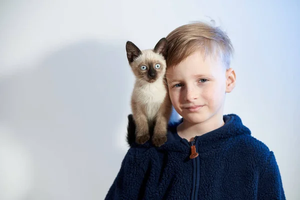 Bambino Con Suo Cucciolo Gattino Siamese — Foto Stock