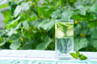 Salatalık suyu nane ile bir masa örtüsü üzerinde kabarcıklar ile yaprakları