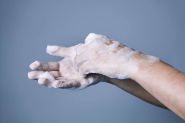 Uygun dezenfeksiyon için doğru el yıkama için adım adım, adım yedi, virüs ve bakteri önleme konsepti, yatay fotoğraf, metin için kopyalama alanı