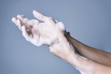 Uygun dezenfeksiyon için doğru el yıkama için adım adım, adım sekiz, virüs ve bakteri önleme konsepti, dikey fotoğraf, metin için kopyalama alanı