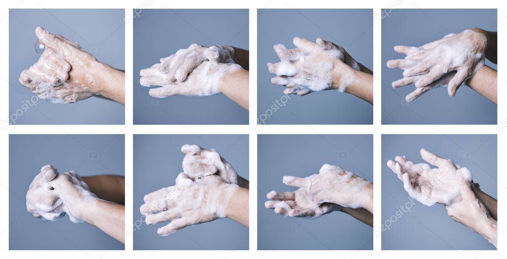 step by step procedure for correct hand washing for proper disinfection of virus and bacteria, coronavirus prevention concept, vertical photo, copy space for text