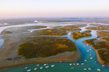 Suyun çekildiği deniz sulak alanlarının deniz manzarası. Küresel ısınma, kuraklık ve iklim değişikliği nedeniyle deniz lagünü kuruyor.