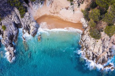 Ağaçlar ve bitki örtüsüyle kaplı kaya denizi uçurumlarıyla çevrili turkuaz suların olduğu bir koy manzarası macera yaşam tarzı ve vahşi doğada yaz lüks tatilleri kavramı.