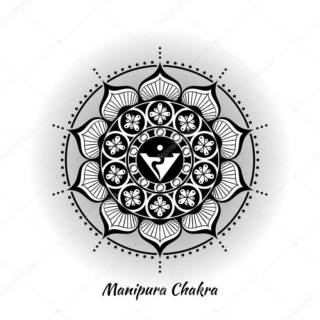 Manipura chakra symbol used in Hinduism, Buddhism, Ayurveda. The root chakra design for yoga studios, posters, banners, v-cads