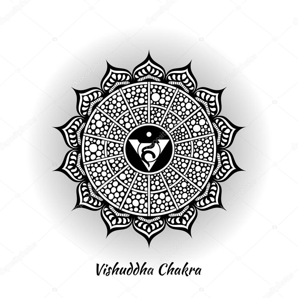 Vishuddha chakra symbol used in Hinduism, Buddhism, Ayurveda. The root chakra design for yoga studios, posters, banners, v-cads
