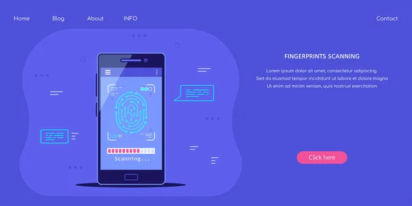 Vingerafdruk scannen naar mobiele telefoon, platte stijl illustratie — Stockvector