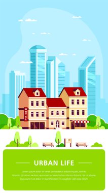 Kentsel manzara çizimi, düz stil pankart tasarımı