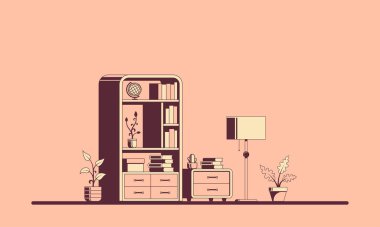 Oturma odasının içi, düz çizgi çizimi