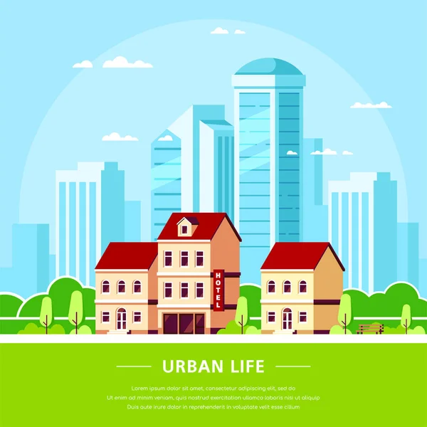 Ilustração da paisagem urbana, design de banner de estilo plano — Vetor de Stock