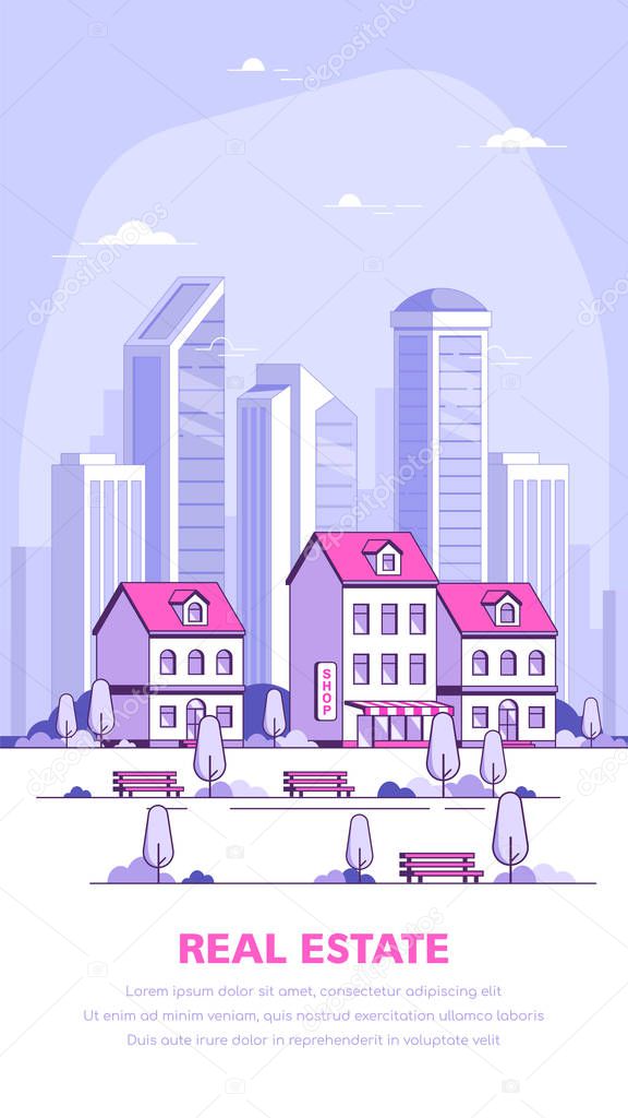 Urban landscape illustration, flat style banner design