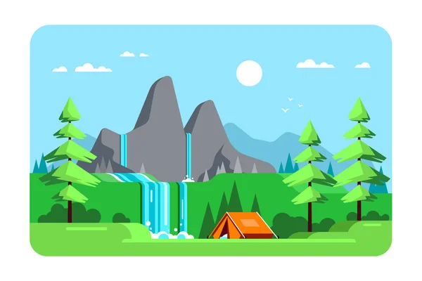 여름 풍경, 캠핑 지역, 평평 한 디자인 일러스트 — 스톡 벡터
