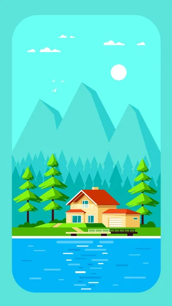 Casa de campo familiar en el bosque, ilustración de diseño plano . — Vector de stock