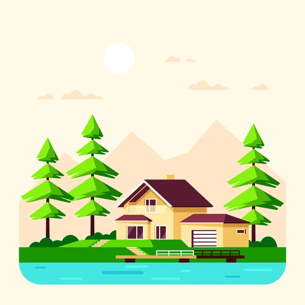 숲 속에 있는 집, 평평 한 디자인의 그림. — 스톡 벡터
