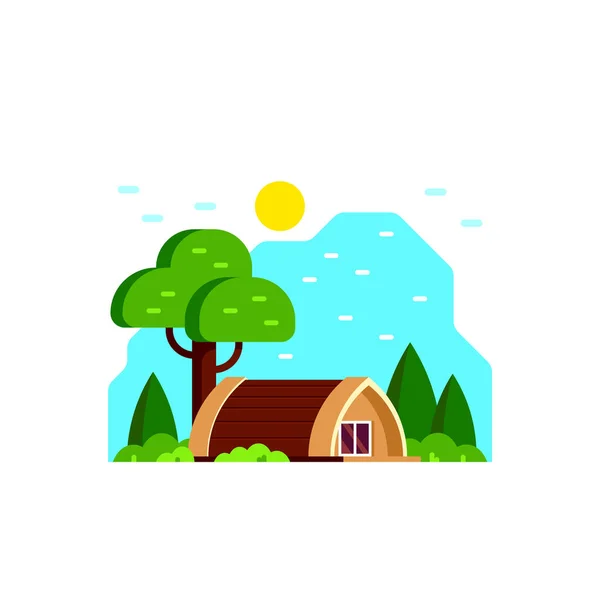 Design banner cabina campeggio, illustrazione in stile piatto — Vettoriale Stock