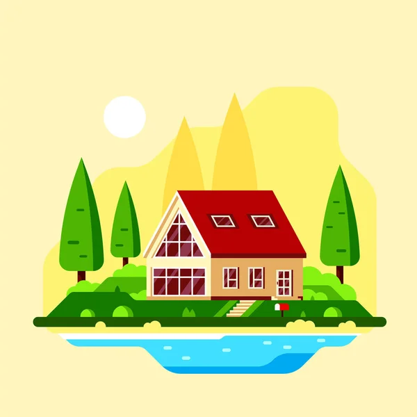 Maison de campagne familiale de banlieue, Illustration design plat . — Image vectorielle