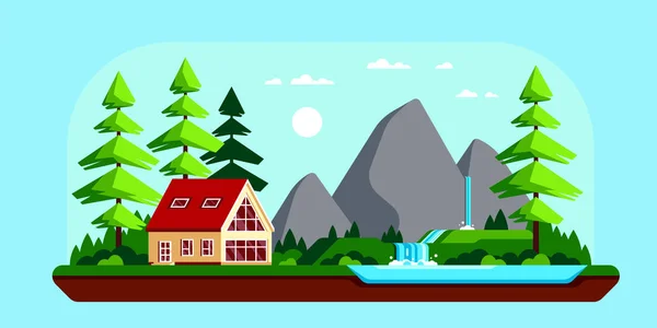Family cottage house in the forest, Flat design illustration. — Stock Vector